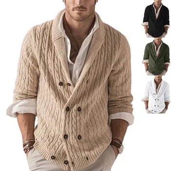 Вязаный кардиган Мужской 2023 Осень / зима, однотонный свитер с лацканами и длинными рукавами, верхняя одежда для мужчин