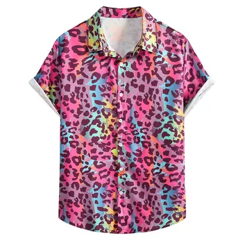 Красочные рубашки с рисунком тигра и леопарда, повседневная 3D-рубашка с тропическим цветочным гавайским принтом, Летняя пляжная блузка на пуговицах и короткими рукавами